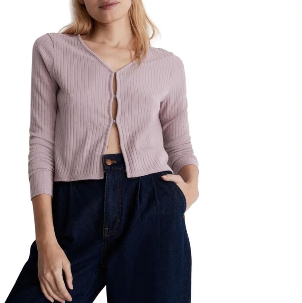 Madewell lavender purple ribbed cropped long sleeve cardigan knit sweater small